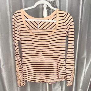 Free People Hard Candy Henley striped fabric and crochet cuff details.